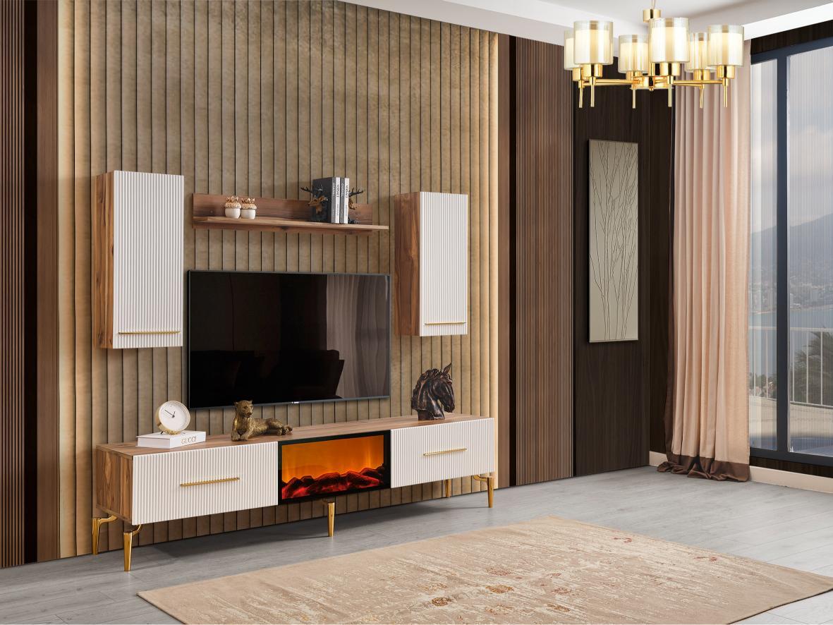 Dekorbizden Beykoz Tv Ünitesi Şömineli Ceviz