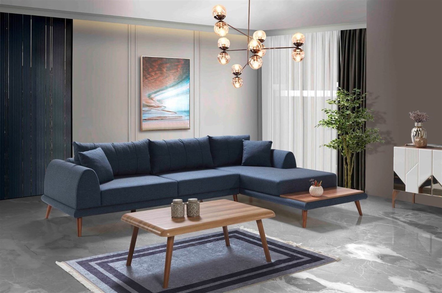 Dekorbizden Retro Köşe Koltuk Mavi