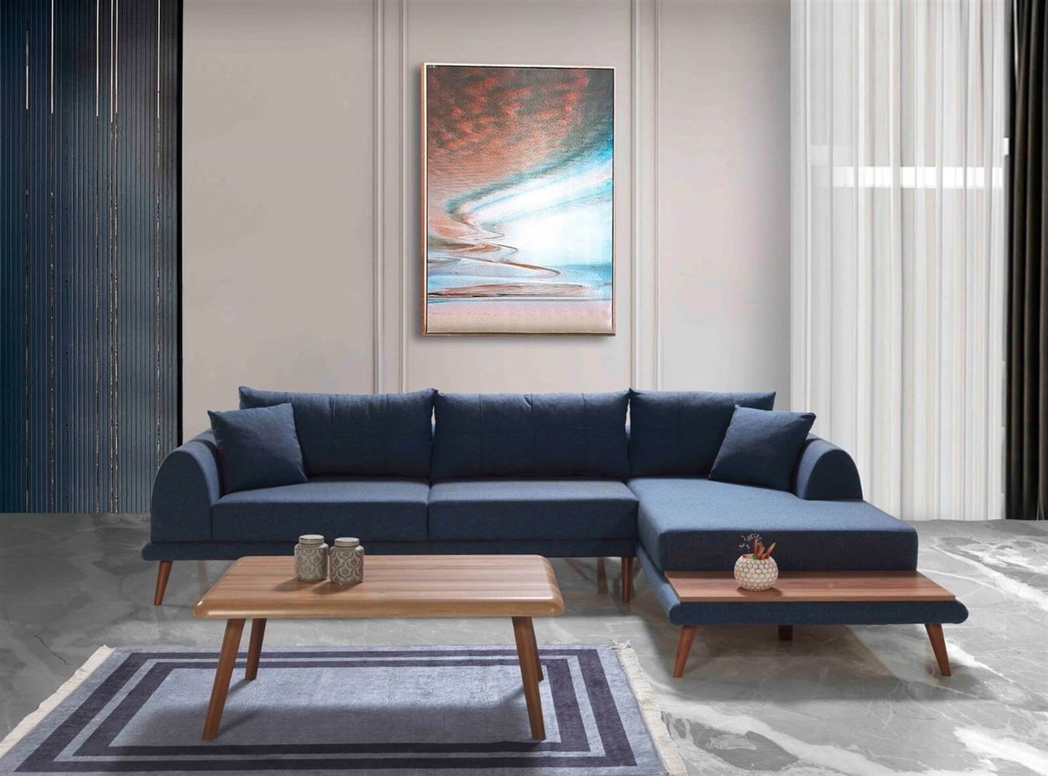 Dekorbizden Retro Köşe Koltuk Mavi