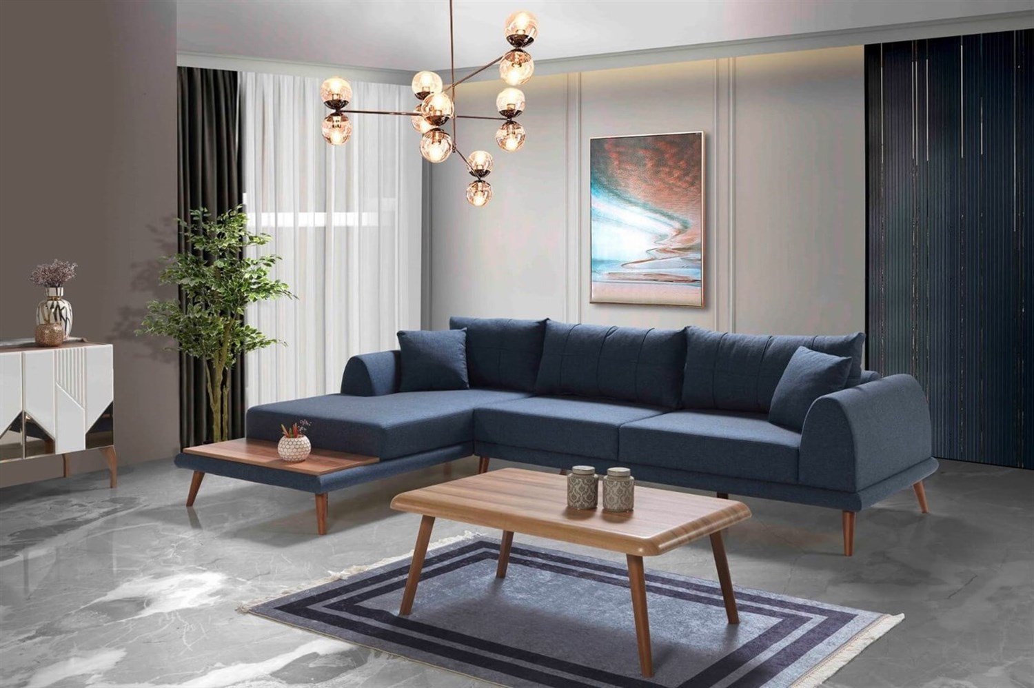 Dekorbizden Retro Köşe Koltuk Mavi