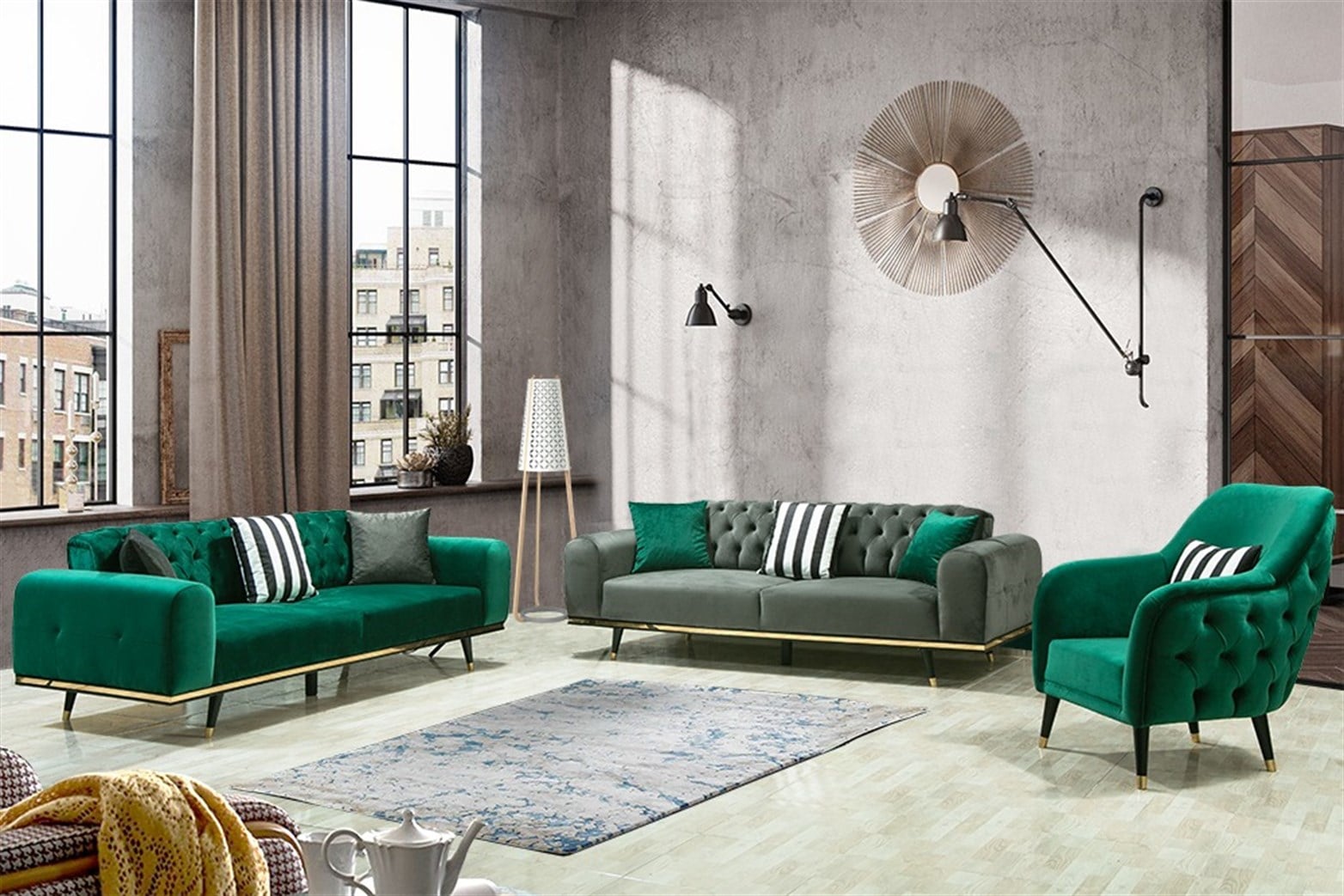 Zümrüt Yeşil Üçlü Koltuk