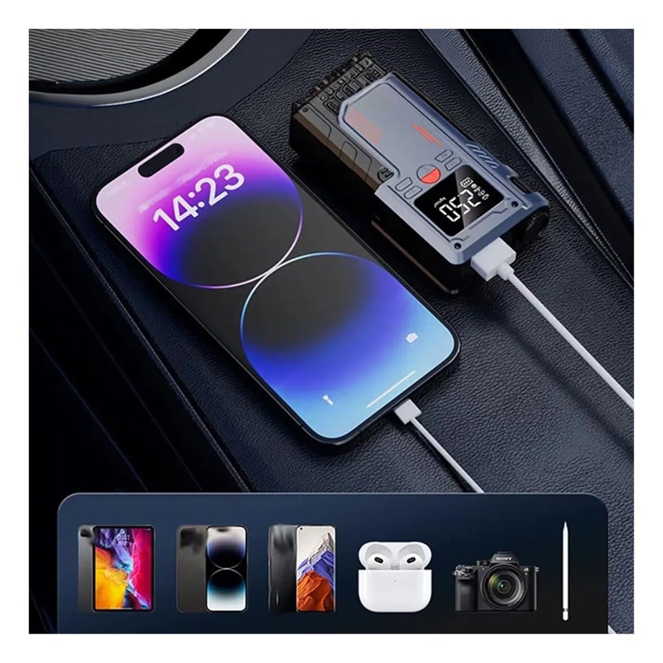 12V AKÜ TAKVİYE CİHAZI (1000A) LASTİK ŞİŞİRME HAVA KOMPRESÖRÜ (POWERBANK) (LED IŞIK-ÇAKARLI)