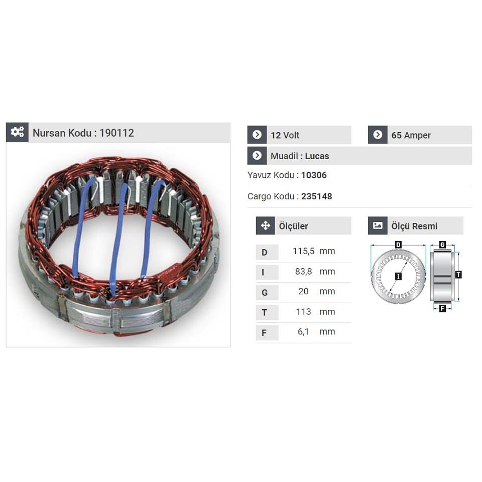 12V ALTERNATÖR STATÖR LUCAS TİPİ 65 A (3 UÇLU) ACR 15/16 
