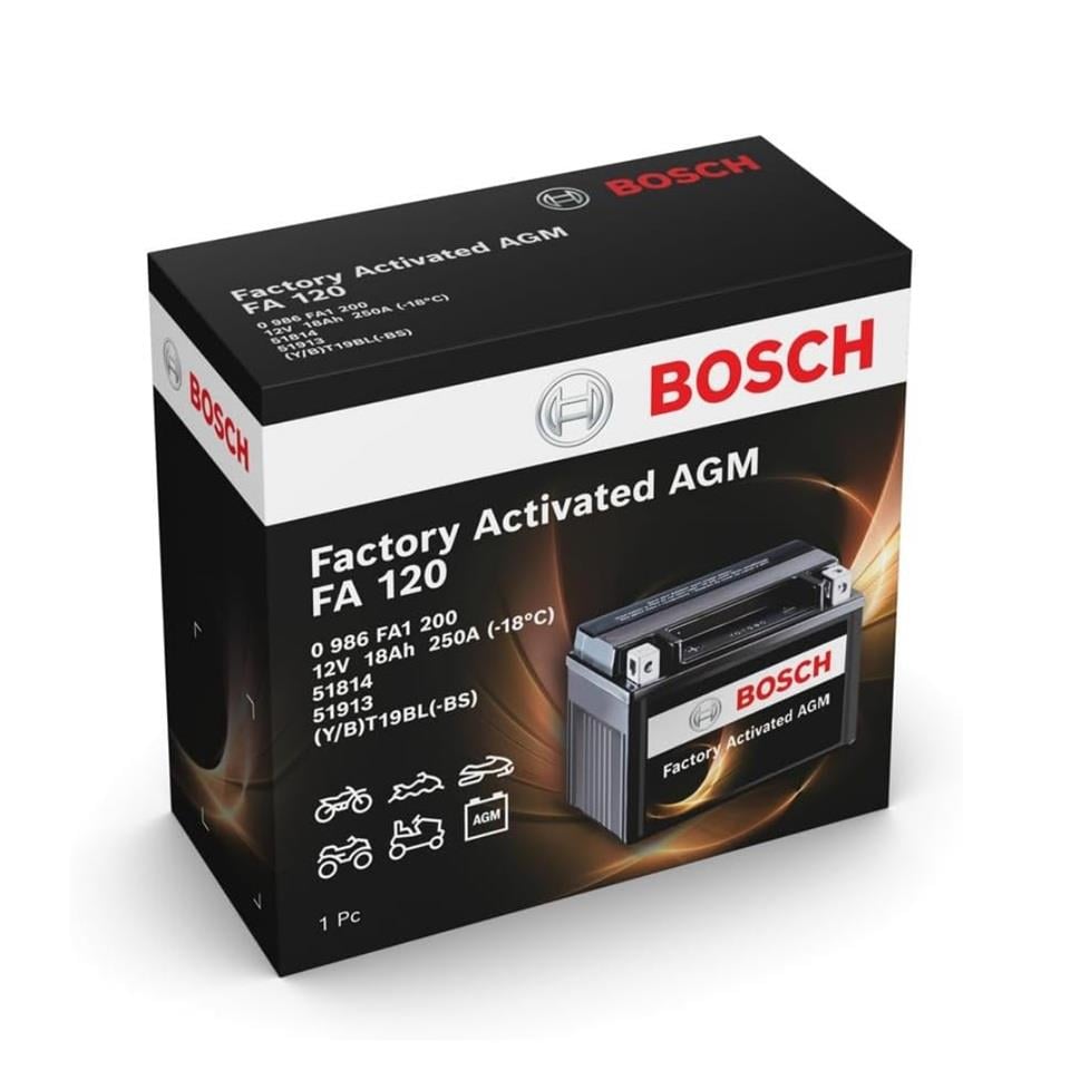 BOSCH 12V 18 AH MOTOSİKLET AKÜSÜ AGM 250 A (EN) (186*82*171) (FA120) (YT19BL-BS) (BT19BL-BS)