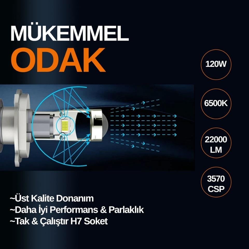 JOYECAR 12V H7 CSP LED XENON FAR AMPUL SETİ 120W 6500K 22000 LÜMEN MERCEKLİ