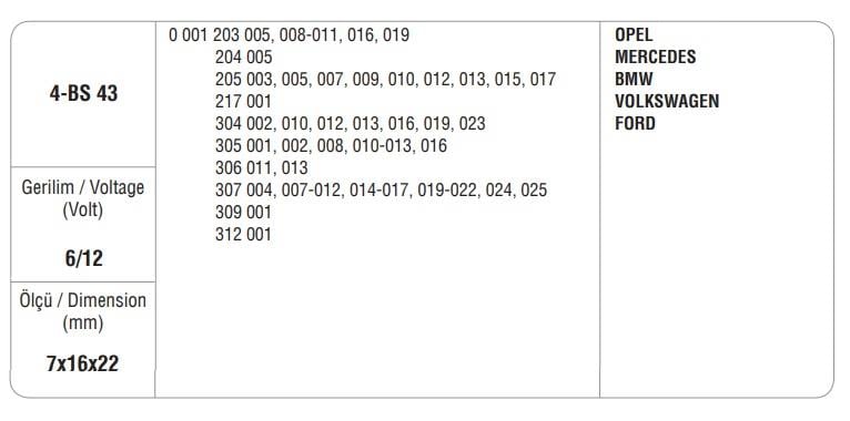 MARŞ KÖMÜRÜ BOSCH TİPİ (BSX-8) (BSX-43) BMW-FORD-MERCEDES-OPEL-VW EM (4 AD)
