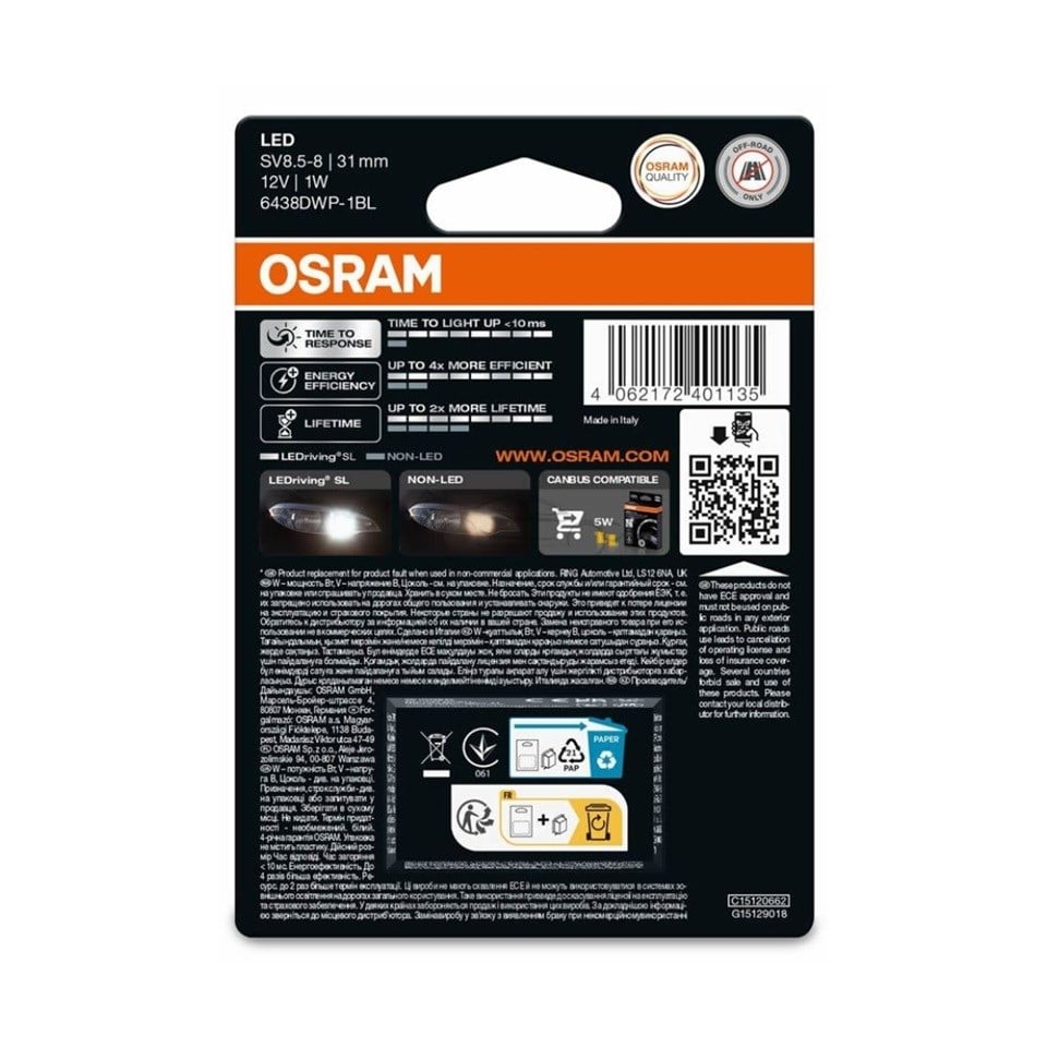 OSRAM 12V SOFİT AMPUL LED C5W 6000K (31 MM) (1 AD)