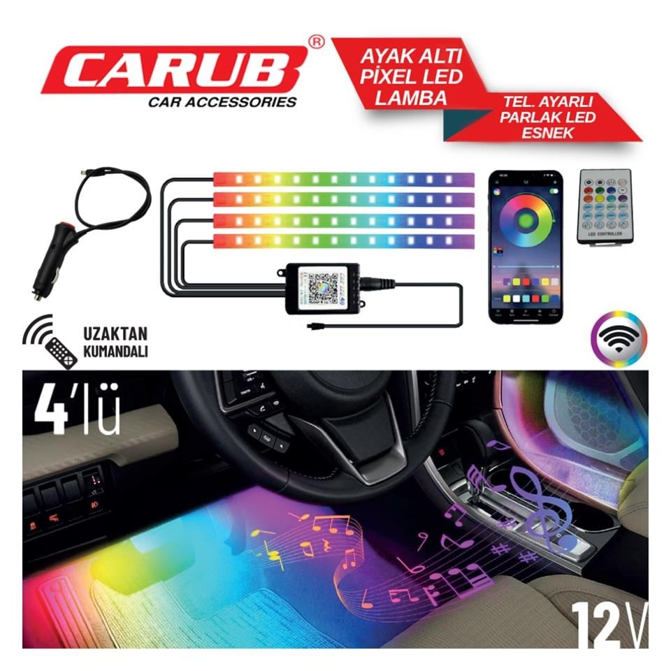 12V AYAK ALTI LAMBA 4'LÜ SESE DUYARLI (KUMANDALI) ÇAKMAK FİŞLİ