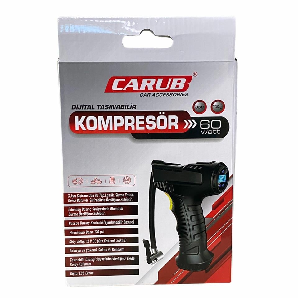 12V LASTİK ŞİŞİRME HAVA KOMPRESÖRÜ IŞIKLI 60W (120 psi) (DİJİTAL) (ŞARJLI)