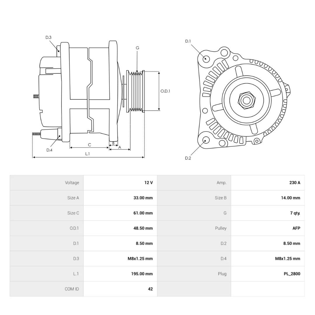 12V ALTERNATÖR DİNAMO VALEO TİPİ 230 A (BSS) (TEK FİŞ) (4 AYAK) NISSAN NV400-RENAULT MASTER III