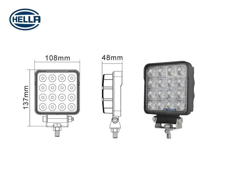 HELLA 10V-30V ÇALIŞMA LAMBASI KARE 48W 6000K 2500 LÜMEN (16 LEDLİ) (108 X 108 MM)