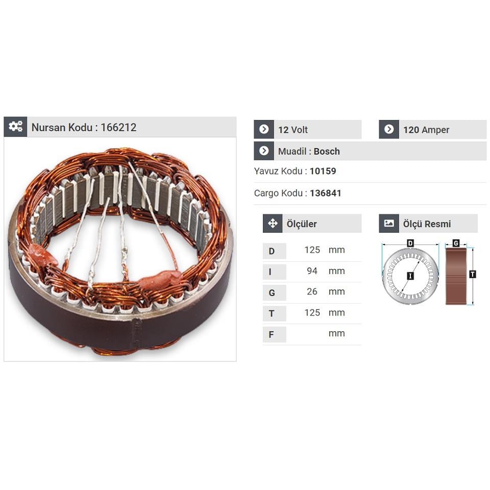 12V ALTERNATÖR STATÖR BOSCH TİPİ 120 A 
