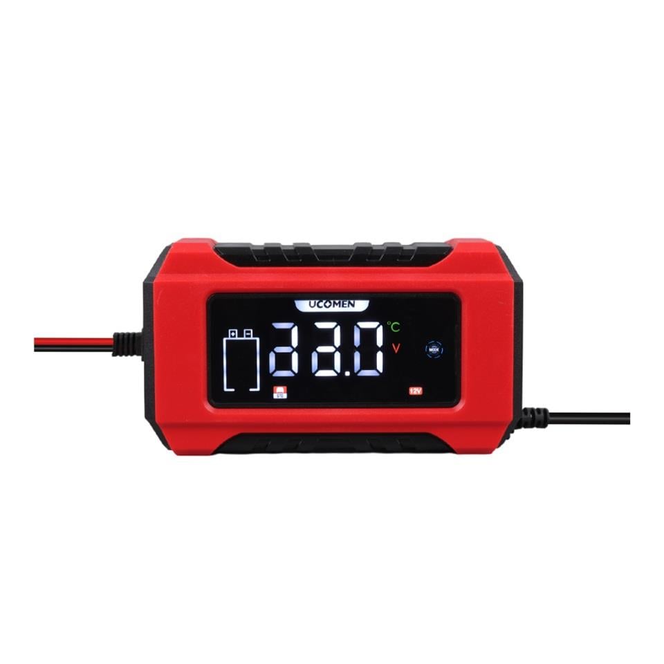 UCOMEN 12V ŞARJ REDRESÖRÜ (AKILLI AKÜ ŞARJ CİHAZI) OTOMATİK 6 A LCD BÜYÜK EKRAN KIRMIZI (+AGM/JEL)