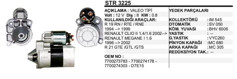 12V MARŞ MOTORU VALEO TİPİ 8 DİŞ 0.85 KW R19/R21/CLIO/MEGANE (SAĞ AÇIK) (D7E15)