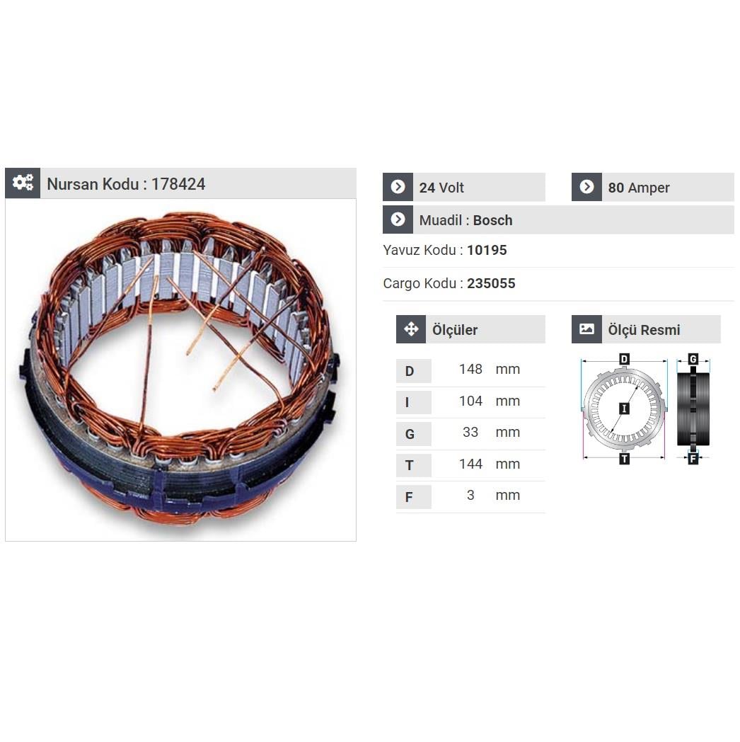24V ALTERNATÖR STATÖR BOSCH TİPİ 80 A (6 UÇLU-TIRNAKLI) MERCEDES ACTROS/ATEGO/AXOR