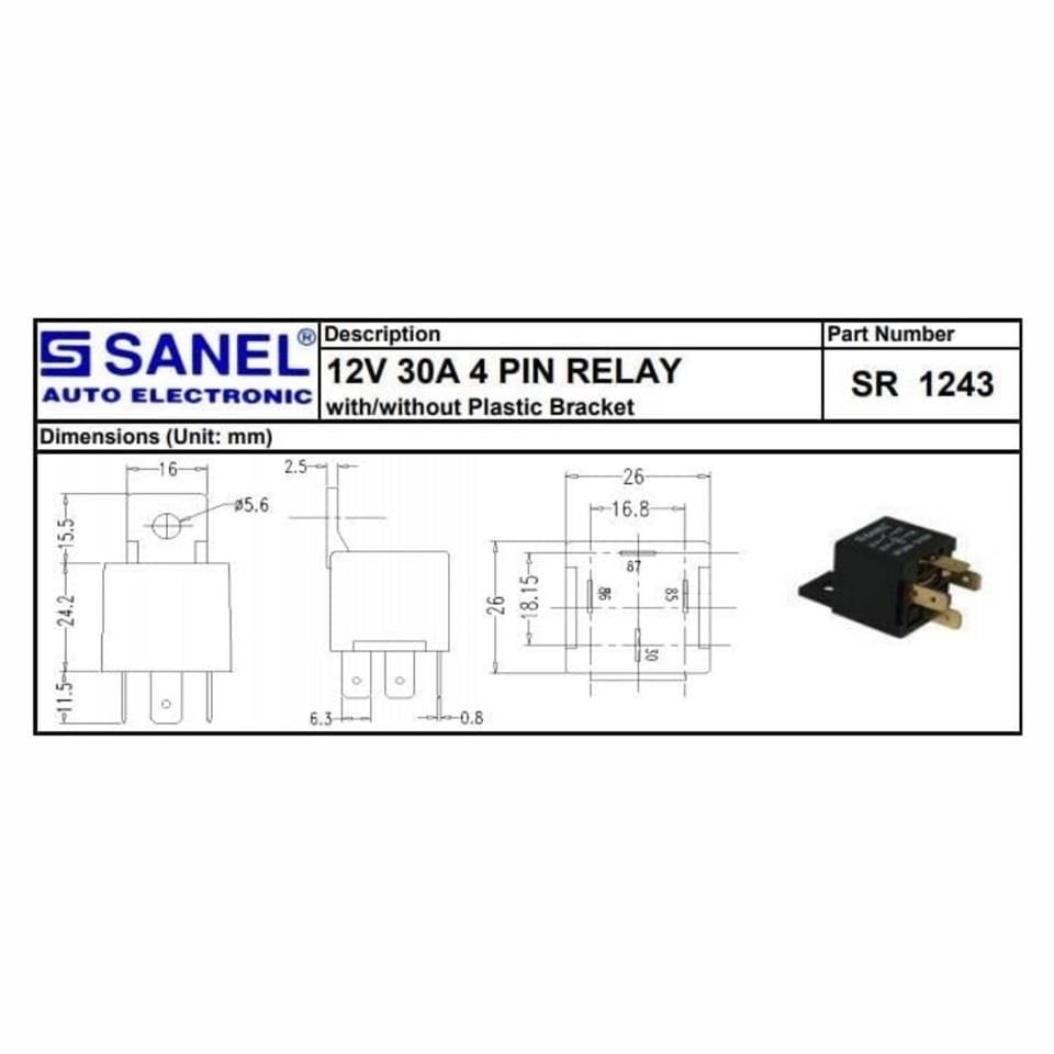 SANEL 12V RÖLE 4 UÇLU 30 A (30-85-86-87)