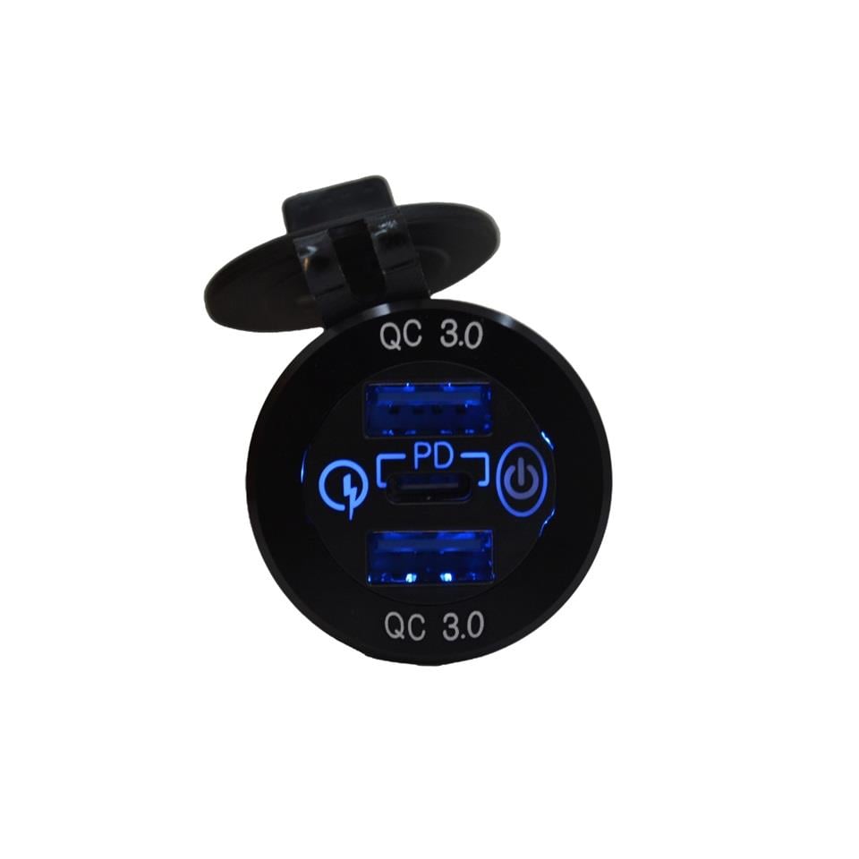 12V-24V TELEFON ŞARJ CİHAZI (USB X2+TYPE-C) (3 A) (OFF-ON DOKUNMATİK) (MAVİ IŞIK) (28 MM)