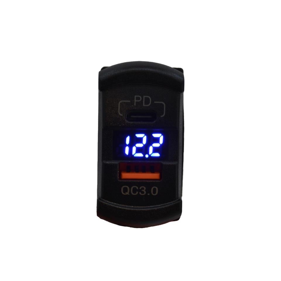 12V-24V DİJİTAL VOLTMETRE+ŞARJ CİHAZLI (USB+TYPE-C) (3 A) (ANAHTAR TİPİ) (MAVI IŞIK)