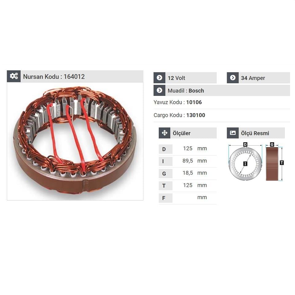 12V ALTERNATÖR STATÖR BOSCH TİPİ 34 A (DAR TİP) OPEL-VW