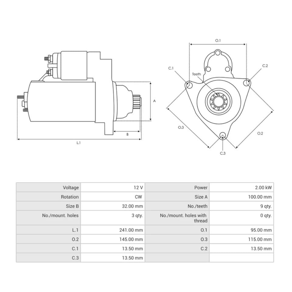 12V MARŞ MOTORU 9 DİŞ 2 KW (3 KULAK) ÇUKUROVA-HYUNDAI FORKLİFT