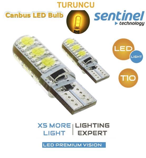 SENTINEL 12V DİPSİZ NEON AMPUL SİLİKONLU T10 6 LEDLİ SARI (2 AD)