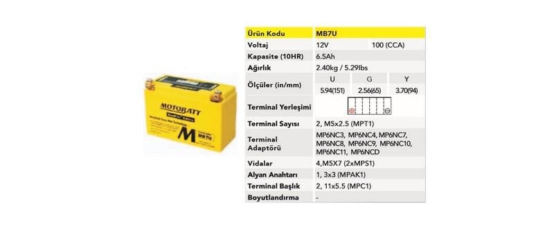 MOTOBATT 12V 6.5 AH MOTOSİKLET AKÜSÜ 100 A (EN) (150*65*93) (YT7B-BS)