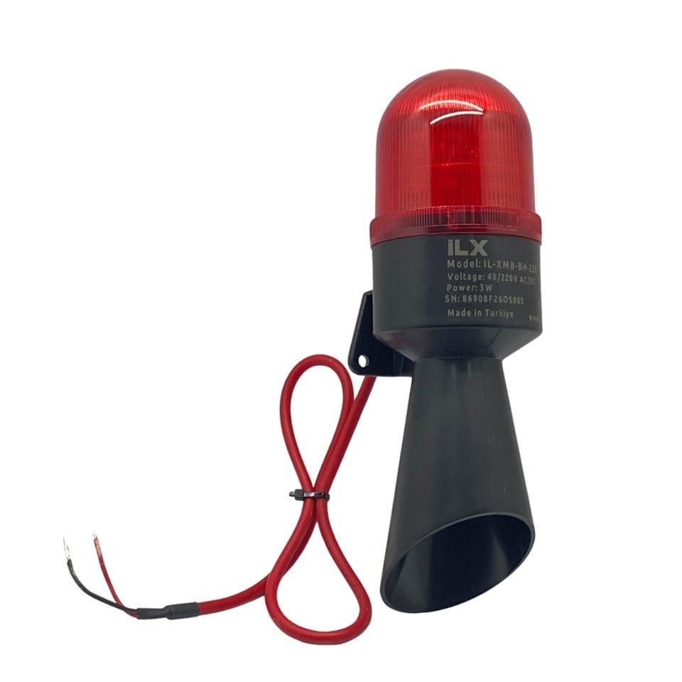 48V-220V AC-DC ÇAKAR TEPE LAMBASI KIRMIZI (LEDLİ) (BUZZER SES İKAZLI-GERİ VİTES KORNASI) İTFAİYE