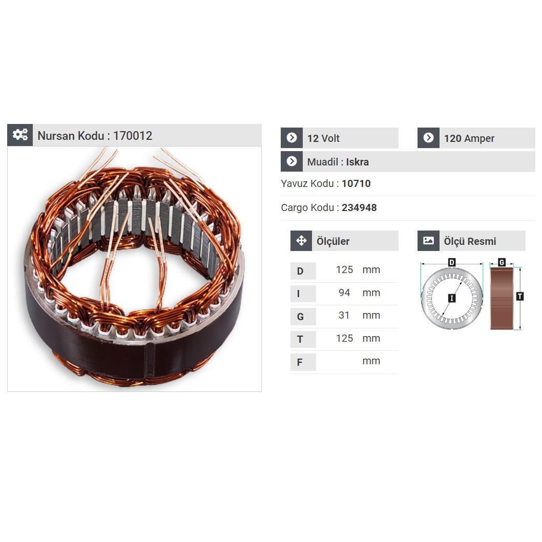 12V ALTERNATÖR STATÖR ISKRA TİPİ 120 A (6 UÇLU)