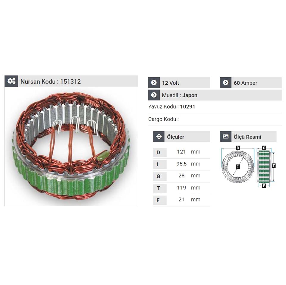 12V ALTERNATÖR STATÖR MITSUBISHI TİPİ 60 A (3 UÇLU) PEUGEOT PARTNER 2004 >