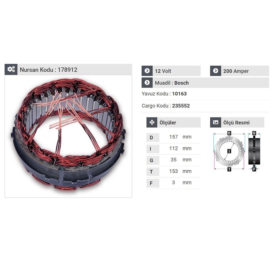12V ALTERNATÖR STATÖR BOSCH TİPİ 200 A (6 UÇLU-TIRNAKLI)