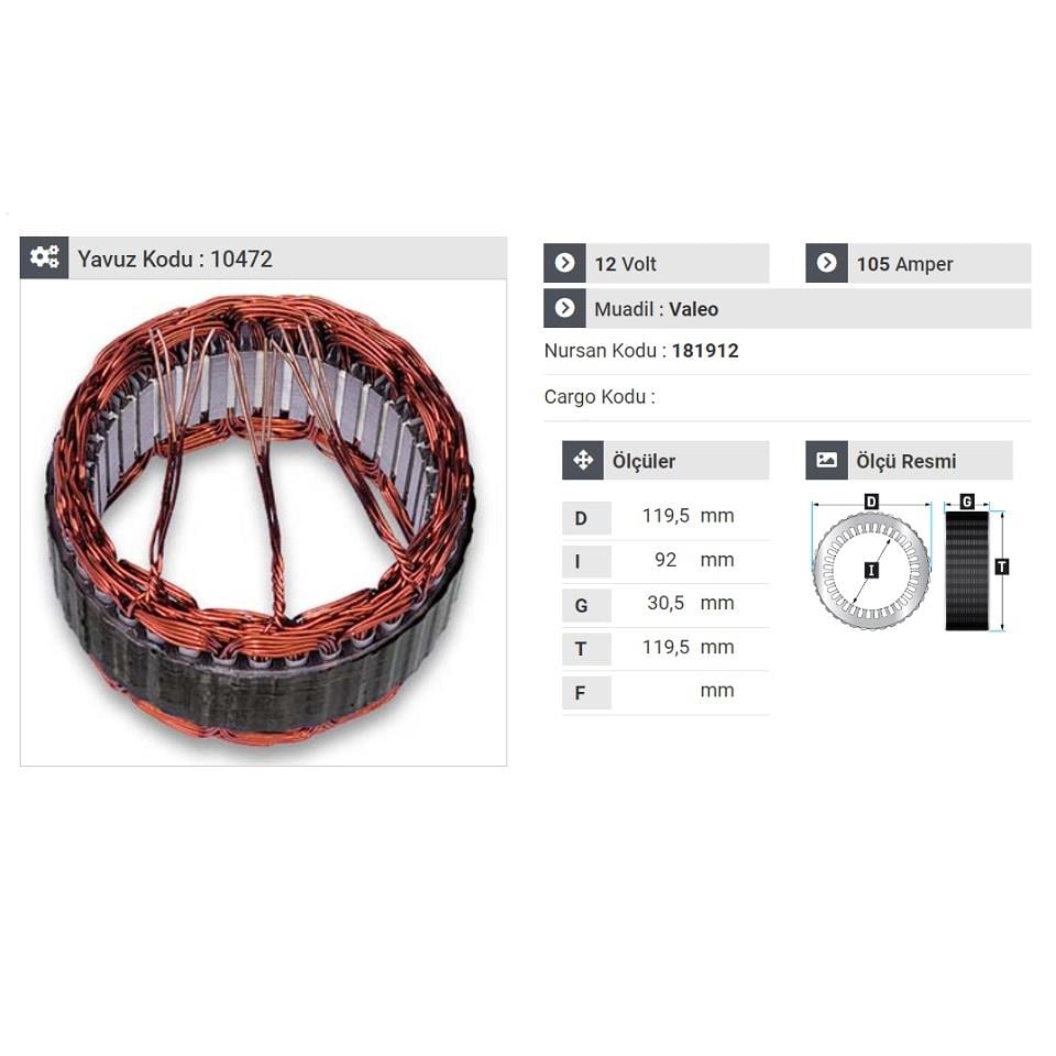12V ALTERNATÖR STATÖR VALEO TİPİ 105 A