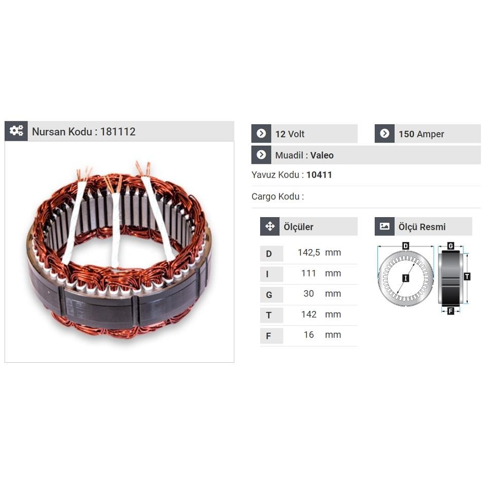 12V ALTERNATÖR STATÖR VALEO TİPİ 150 A (3 UÇLU)