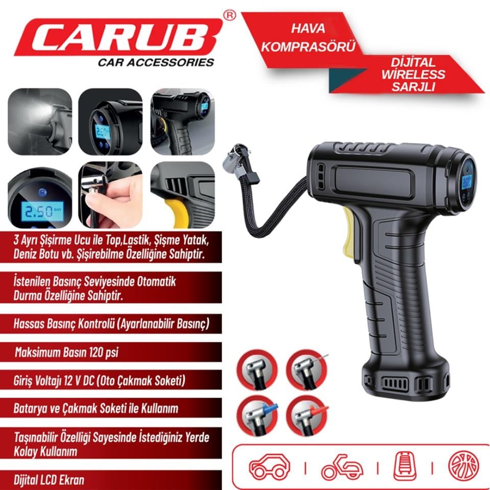 12V LASTİK ŞİŞİRME HAVA KOMPRESÖRÜ IŞIKLI 60W (120 psi) (DİJİTAL) (ŞARJLI)