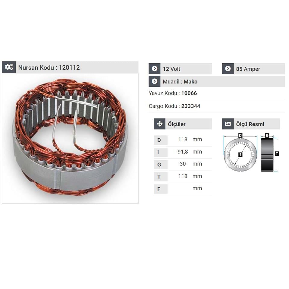 12V ALTERNATÖR STATÖR MARELLI-DENSO TİPİ 85 A (3 UÇLU)