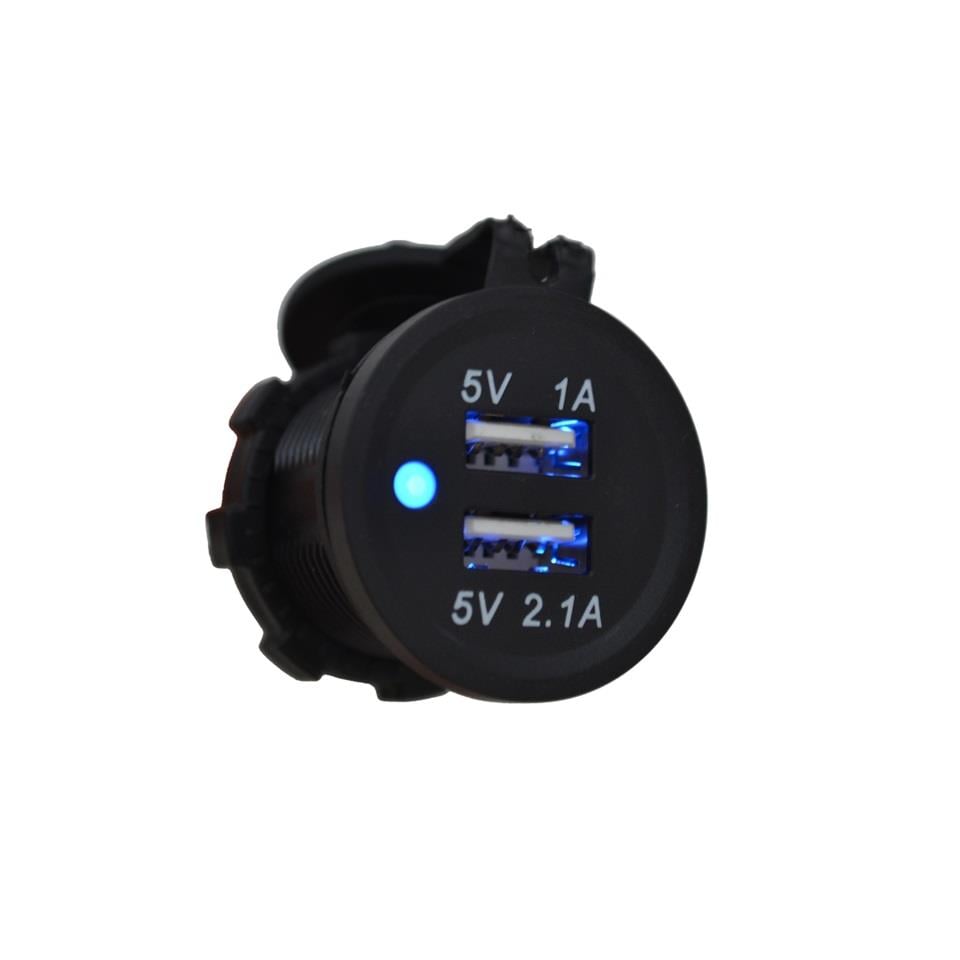12V-24V TELEFON ŞARJ CİHAZI (USB X 2) (1A/2.1A) (MAVİ IŞIKLI) (28 MM)