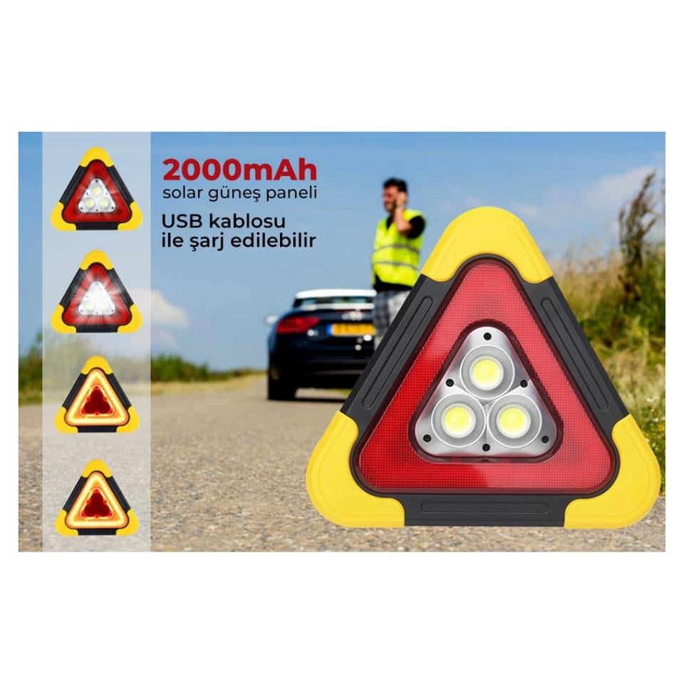 ÜÇGEN REFLEKTÖR-EL FENERİ LEDLİ (ŞARJLI-GÜNEŞ ENERJİLİ-USB ÇIKIŞLI) (270*270 MM)