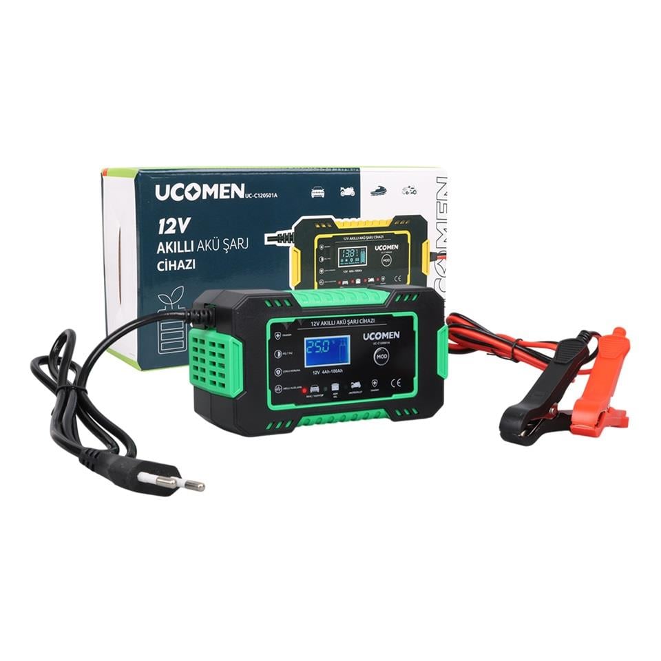 UCOMEN 12V ŞARJ REDRESÖRÜ (AKILLI AKÜ ŞARJ CİHAZI) OTOMATİK 6 A LCD EKRAN YEŞİL (+AGM/JEL)
