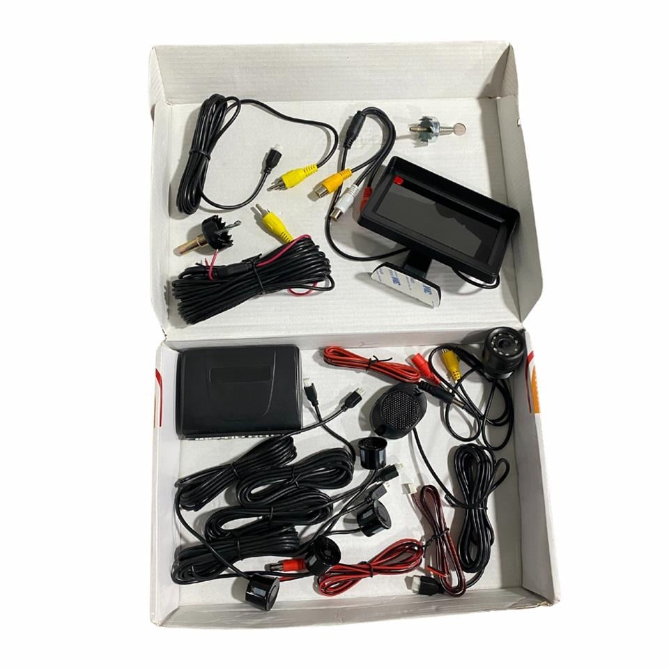 12V PARK SENSÖRÜ SES İKAZLI (SES AYARLI) 22 MM SİYAH+28 MM GECE GÖRÜŞLÜ KAMERA+4.3