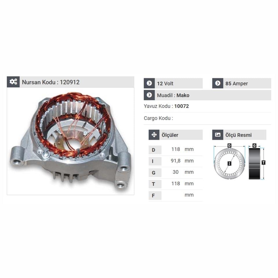 ALTERNATÖR ÖN KAPAK MARELLI-DENSO TİPİ 85 A (STATÖRLÜ) FIAT-OPEL 1.2/1.3/1.4