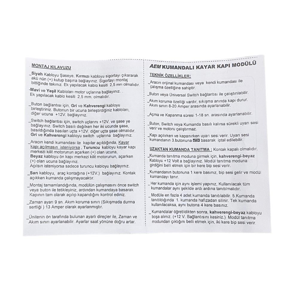 12V KAYAR KAPI MODÜLÜ (ZAMAN AYARLI-SIKIŞMA EMNİYETLİ) (KUMANDALI)