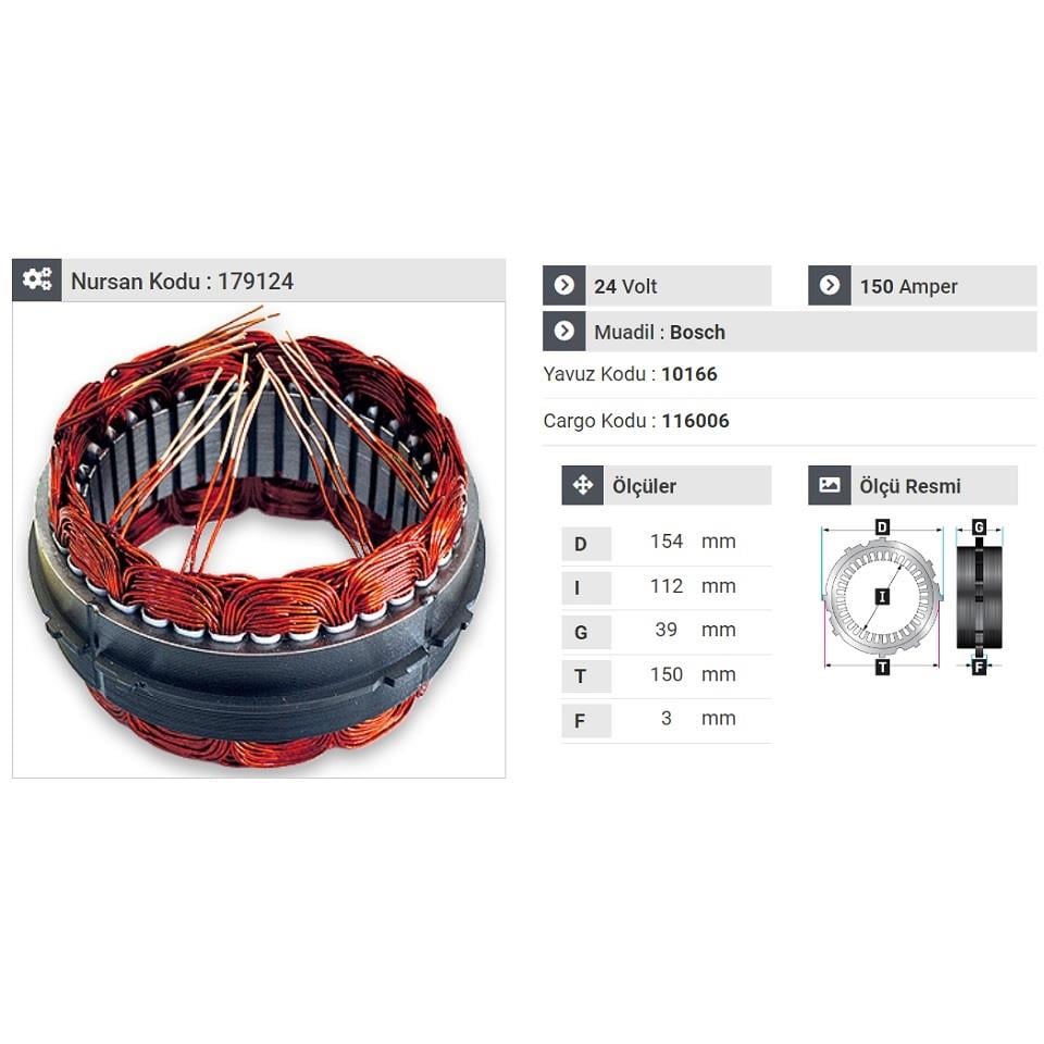 24V ALTERNATÖR STATÖR BOSCH TİPİ 150 A (6 UÇLU-TIRNAKLI) MERCEDES-MITSUBISHI-VOLVO EURO 6 MOTOR