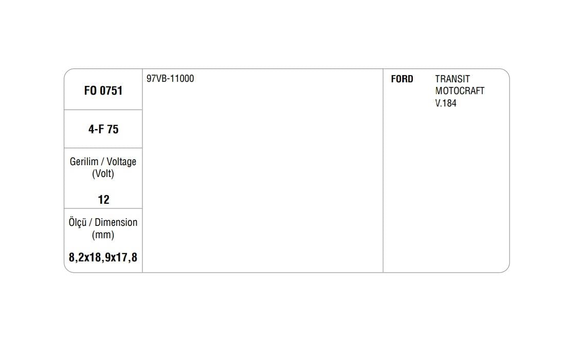 MEGA MARŞ KÖMÜRÜ MOTORCRAFT TİPİ FORD TRANSİT V184 (4 AD)