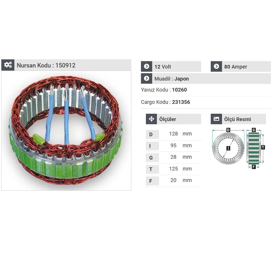 12V ALTERNATÖR STATÖR 80 A TATA 3 UÇLU