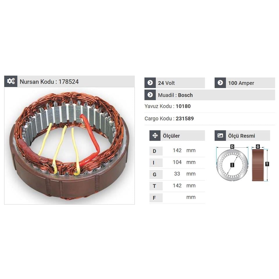24V ALTERNATÖR STATÖR BOSCH TİPİ 100 A (4 UÇLU)