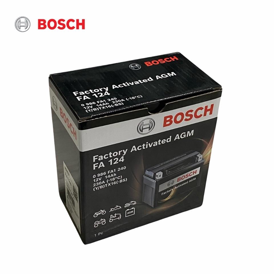 BOSCH 12V 14 AH MOTOSİKLET AKÜSÜ AGM 230 A (EN) (150*87*161) (FA124) (YTX16-BS) (BTX16-BS) (TERS)