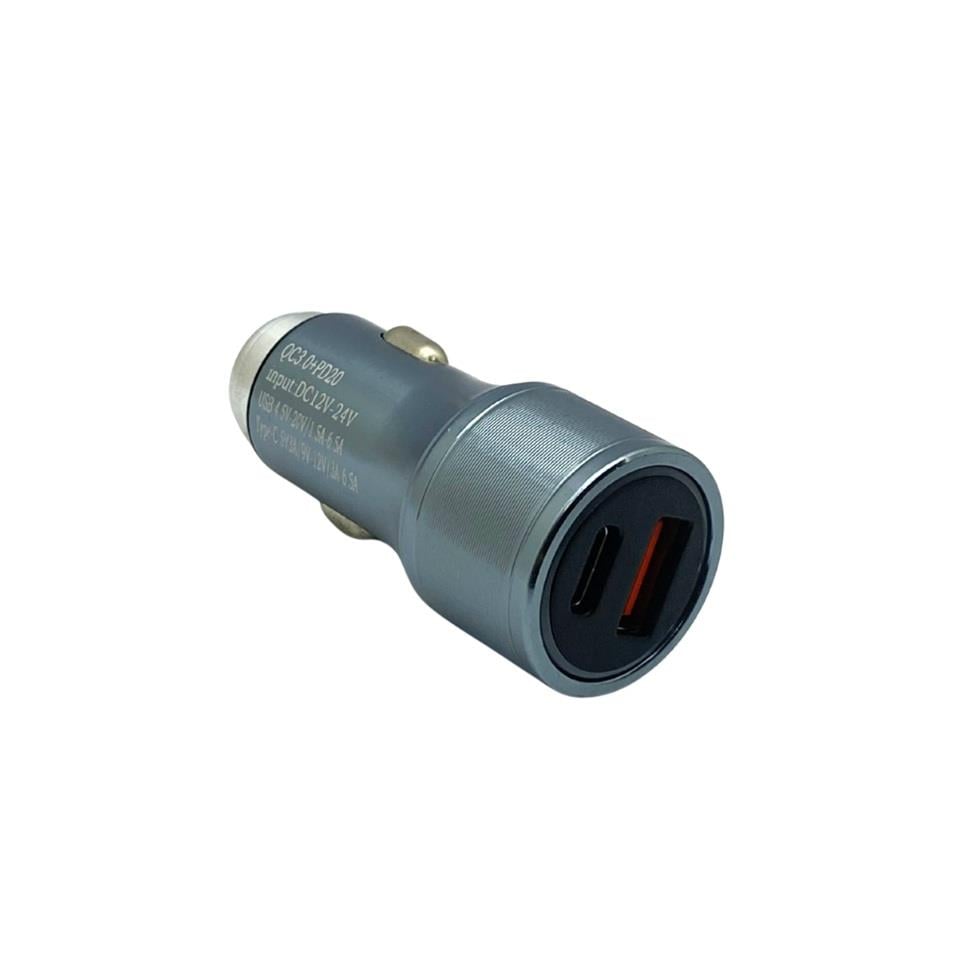 12V-24V TELEFON ŞARJ CİHAZI HIZLI ŞARJ (ÇAKMAK GİRİŞLİ) (USB+TYPE-C) (QC3.0+PD20) GRİ
