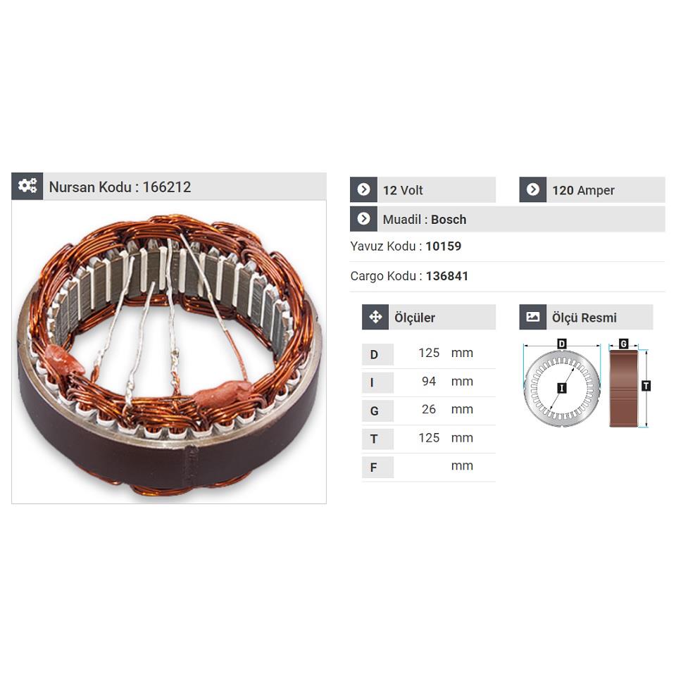 12V ALTERNATÖR STATÖR BOSCH TİPİ 120 A 