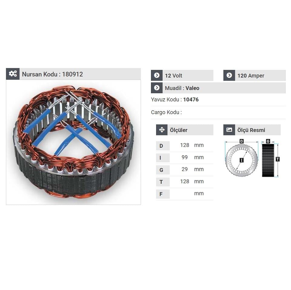 12V ALTERNATÖR STATÖR VALEO TİPİ 120 A (6 UÇLU) (KLİMALI)