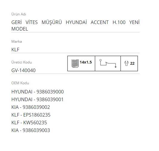 GERİ VİTES MÜŞÜRÜ (OTOMATİK VİTES SENSÖRÜ) (M14 X 1.5) HYUNDAI-KIA-ALFA ROMEO