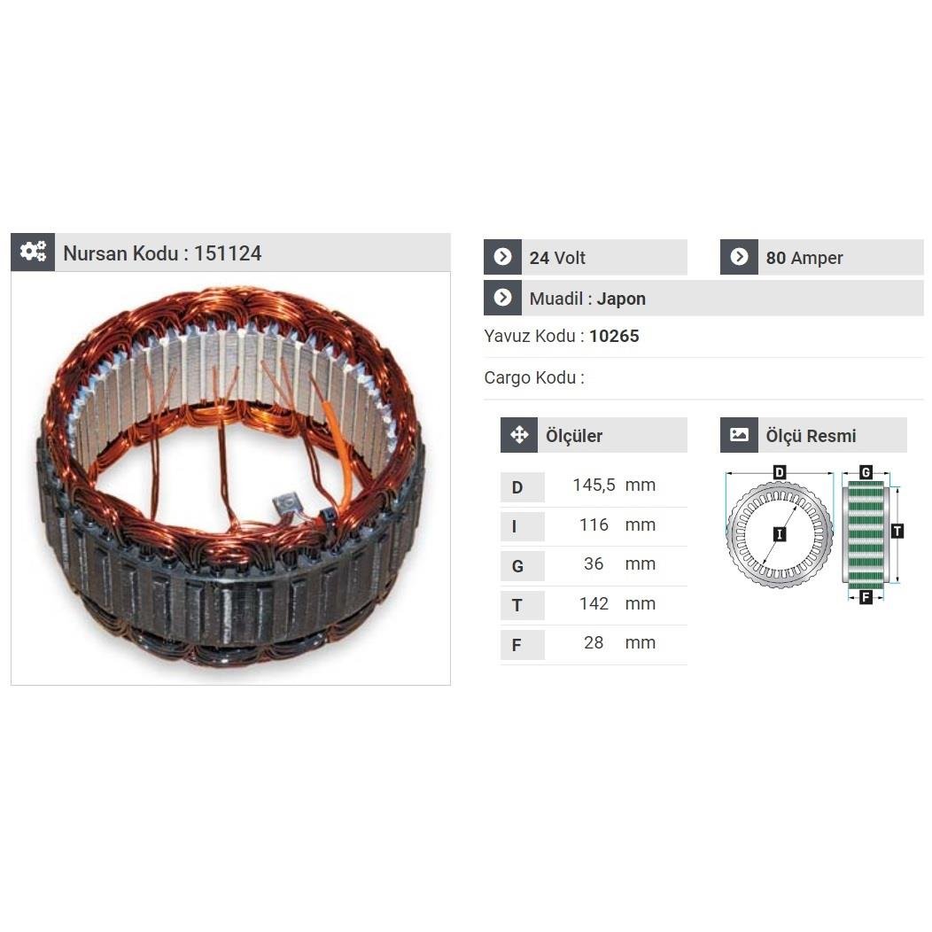 24V ALTERNATÖR STATÖR 80 A (4 UÇLU) (KLİMALI) ISUZU CHAMPION TURKUAZ